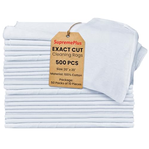 SupremePlus Premium New Lint Free Rags, Exact Cut 20" x 20", 50 Packs of 10 Pieces, Soft 100% Cotton White T-Shirt Rags, Absorbent & Reusable Shop Rags Bulk for Household, Automotive & Industrial Use