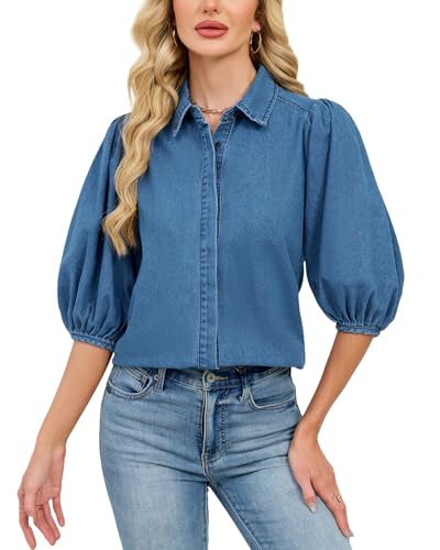 Women's Puff Sleeve Denim Shirt Button Down Lightweight Casual Jean Blouses