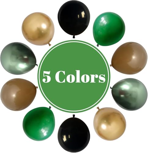 Image of Green and Brown Balloon, 60Pcs 12Inch Dark Green Black Metallic Gold Latex Balloon, Metallic Avocado Tan Chrome Gold Balloons for Camo Camping Game Army Jungle Safari Theme Birthday Party Decor
