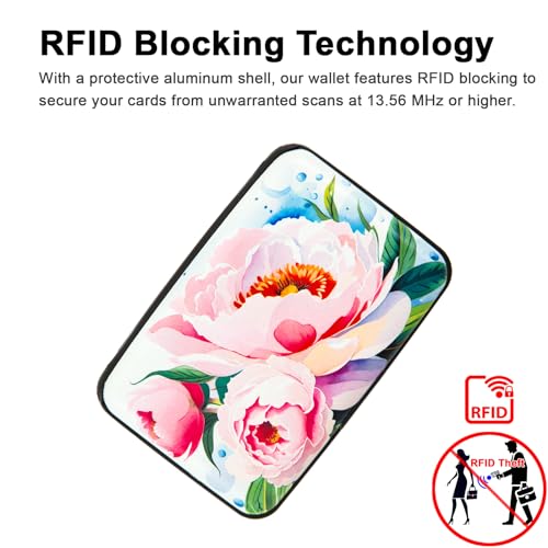 Image of Credit Card Holder Small RFID Blocking Wallet Business Metal Slim Mini Aluminum Hard Case for Women Men Gift, Watercolor Pretty Peonies Flower, small, Minimalist, Compact, American