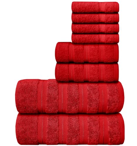 Casabella 8 Pc Towel Set Red Luxury Quality100% Combed Cotton 650 GSM-8 Pc Towels Set Conatains 4 Wash cloths, 2 Hand Towels & 2 Bath Towels Super Absorbant 8 Pc Red Towel Bale Sets