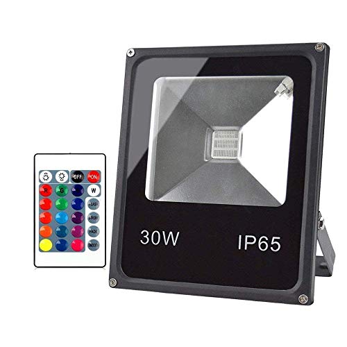 Iluminación de porche y patio, foco LED RGB 10 W/50 W, resistente al agua, CA 85-265 V, con control remoto for iluminación jardines paisajes(30W)