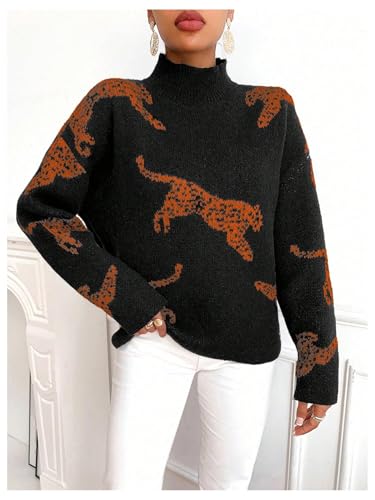 Image of WDIRARA Women's Leopard Tiger Print Sweater High Neck Long Sleeve Fuzzy Knitted Pullover Top