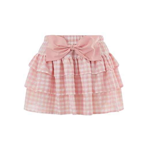 Women Y2k Plaid Pleated Mini Skirt Bow Ruffle Sweet Layered Short Skirt Gingham Short Lolita Fairy Princess Skirts