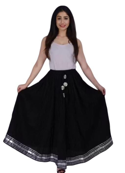 Women's Flared Maxi Skirt, Silver Border Detail, Button Embellishment, Ethnic Style (in, Alpha, Free Size, Black)-picture-39