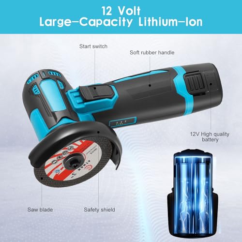 Mini Winkelschleifer, 12V Akku Winkelschleifer Set mit 2 x Batterien 3900mAh, 6 Trennscheiben-76 mm, Handschuhe, 19500rpm, Kabelloses Mini Akku Flex mit Koffer zum Schneiden Polieren