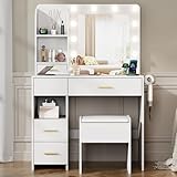 Furnivado Vanity Desk with Mirror and Lights, 3 Adjustable Lighting Makeup Vanity Desk with 3 Storage Shelves, 5 Large Drawers and Power Outlet, Vanity with Chair for Bedroom, White