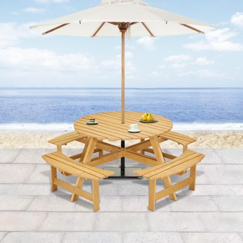 zzhugyin 8-Person Round Outdoor Picnic Table Set with 4 Built-in Benches & Umbrella Hole - Natural Wood Patio Dining Set for Backyard, Garden, Porch, Poolside