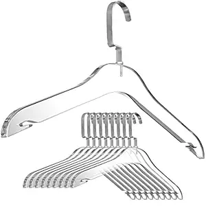 Clear Acrylic Clothes Hangers - 10 Pack Stylish and Heavy Duty Closet Organizer with Silver Chrome Plated Steel Hooks - Non-Slip Notches for Suit Jacket, Sweater, Blouse, and Dress - by Designstyles