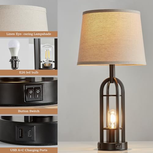 Black Table Lamps for Living Room Set of 2 - Farmhouse Lamps for Night Stands with USB A+C, Bedside Lamps for Bedroom, 24'' Industrial Lamp for Living Room End Tables - Image 6