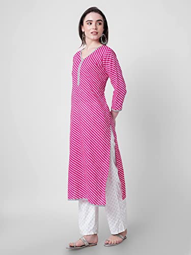 Image of YUVVIK Women's Cotton Lehariya Print Straight Kurti | Stylish Long Ethnic Kurta for Daily Pure Cotton Calf-Length Kurta for Women & Girls