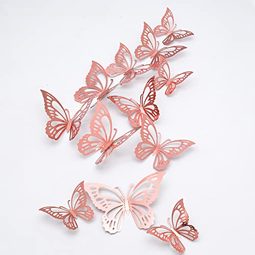 24 x 3D Butterfly Wall Stickers, CAYUDEN Stickers Combination 3D Butterfly Combined Stickers Home Decoration DIY Removable Paper Decora for Home, Living Room, Bedroom, Party Decor (Pink-Gold)