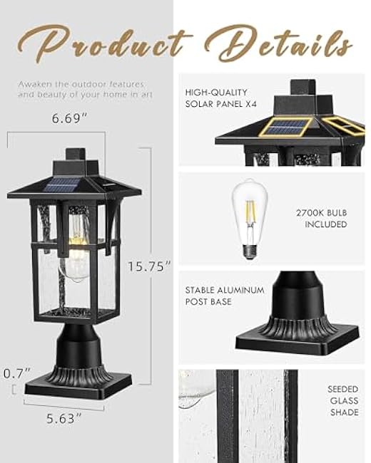HWH Solar Post Lights Outdoor Lamp Post Light Fixture 2700K Black Finish 5HX62P-SL BK