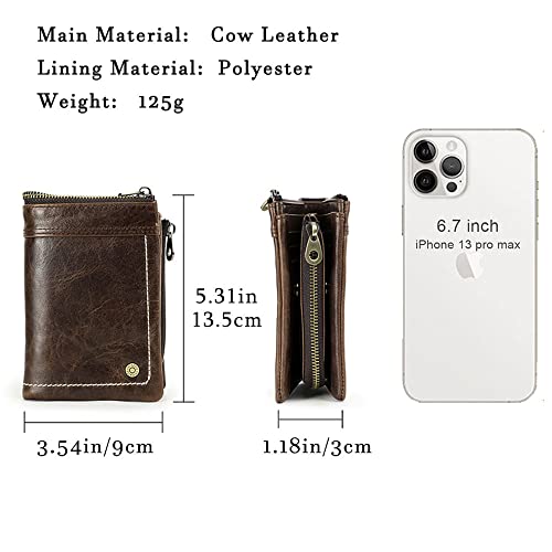 Contacts Leather Wallet for Men Small Bifold RFID Purse Brown Zipper Vintage Removable AirTag Coin Pocket Card Holder with Photo Window3