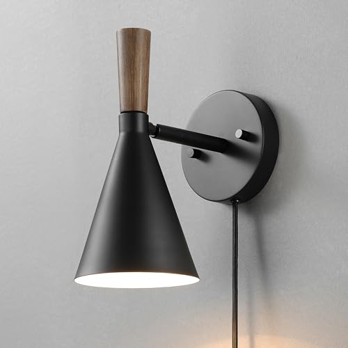 Image of Globe Electric Plug-in or Hardwire Wall Sconce, Matte Black, Wood-Tone Switch, Metal Shade, 6-Foot Cord, 65000101