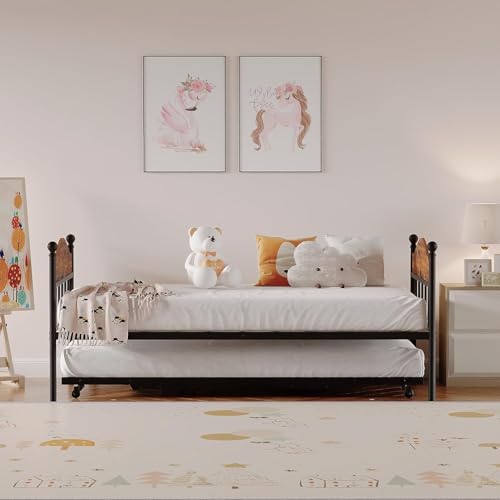 Image of Garvee Twin Daybed with Trundle, Twin Bed Frame with with Stylish Headboard, Heavy Duty Steel Slats Platform for Living Room, Bedroom, Brown