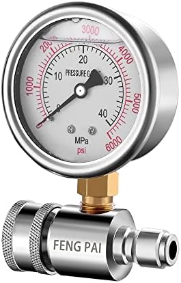 Pressure Washer Gauge - 6000 PSI, 3/8 Inch Quick Connect Socket and Plug Hydraulic Pressure Gauge, Liquid Filled/Fuel/Water Pressure Gauge for Power Washer