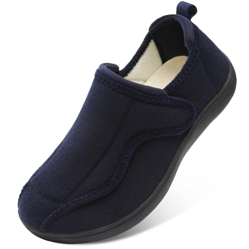 JOINFREE Women Men House Slippers Indoor Slip On Wide Fit Diabetic Shoes Adjustable, Non-Slip Cozy Comfort Home Slippers Shoes for Swollen Feet, Edema, Elderly, Preganant Dark Blue Size 9