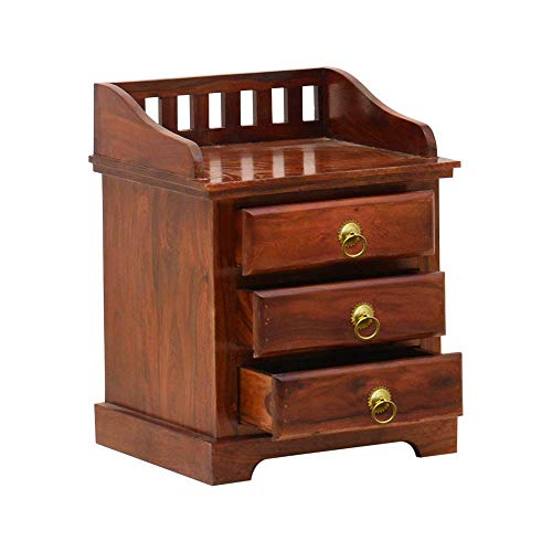 Image of Solid Sheesham Wood Bedside Table for Bedroom | Handmade Pure Wooden Bed Side Nightstand End Table with 3 Drawers Storage for Home & Bed Room | Rosewood, Brown Finish