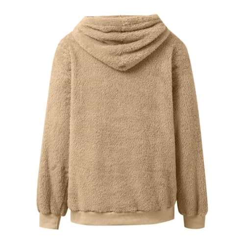 Hrwauag Women Warm Sherpa Hoodie with Spacious Front Pocket Long Sleeve Drawstring Winter Loose Hooded Sweatshirt for Daily Beige - image 5