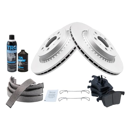 Image of TRQ Rear Brake Pad & Rotor Kit, with Chemical Kit Parking Brake Shoe Set Ceramic Premium G-Coated Compatible with 2008-2014 Volvo XC90