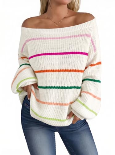 Image of MARZXIN Women's 2026 Fall Long Sleeve Sweaters Casual Loose Striped Off Shoulder Casual Oversized Knitted Sweater Pullovers