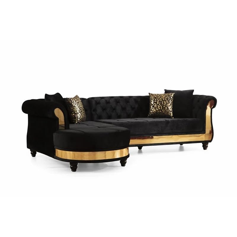 Image of Rosewood ! Modern Classic L Shape Sectional Sofa Set, Chesterfield Style 4 Seater Sofa Set with Pillows for Living Room, Bedroom and Office and Hallway Colour (Black Gold)