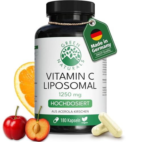 Green Naturals Vitamin C liposomal 1250mg Hochdosiert: Höchste Bioverfügbarkeit & Absorption 180 vegane Kapseln aus Acerola Kirschen