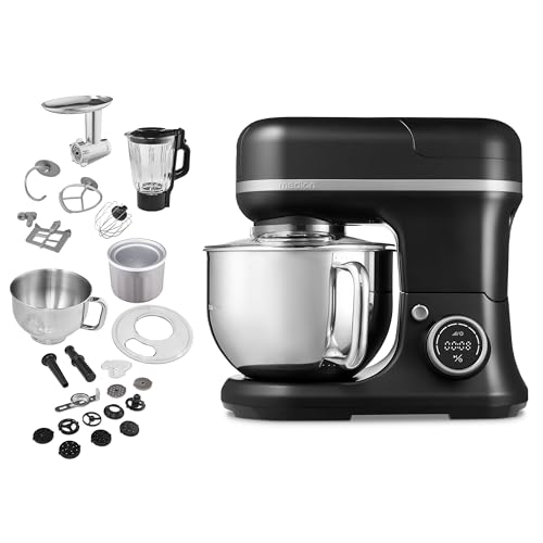MEDION Robot de cocina universal 4 en 1 (1.200 vatios, 8 niveles, amasar, mezclar, remover, picar carne, bol para preparar helado, pantalla digital, MD18440) negro