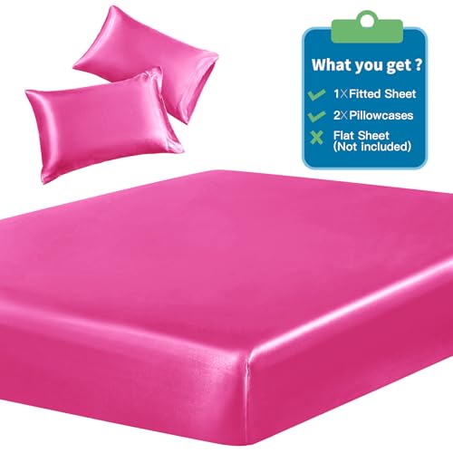 Image of SiinvdaBZX 3-Piece Set Satin Queen Fitted Sheet & 2 Pillowcase, Hot Pink Silky Soft Fitted Bottom Sheet, Wrinkle Free, Fade Resistant, Deep Pocket Bed Sheet (Deep Up to 15 inch)