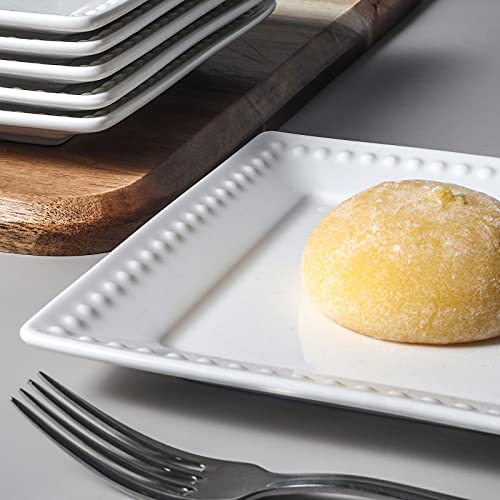 Wareland Bright White Embossed Dots Square Dessert Plates Set Of 6, Ultra-Fine Porcelain 6 Inch Appetizer Plates, Farmhouse Salad Plates Set For Sides, Dessert, Snack, Small Heavy Duty Dinner Plates #TOP3