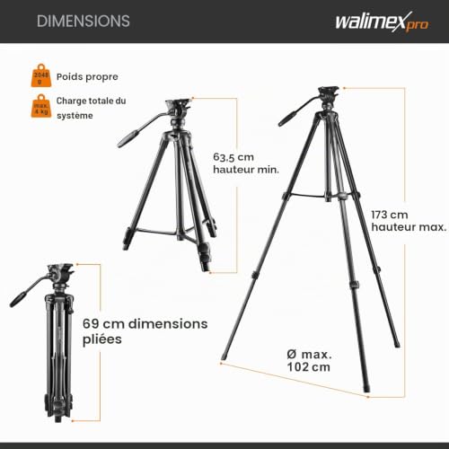 Walimex Pro Trépied Vidéo 173 Cm Avec Support Smartphone 2 Directions Panoramique 360° Pour Caméras Dslr Et Sm - vue 4