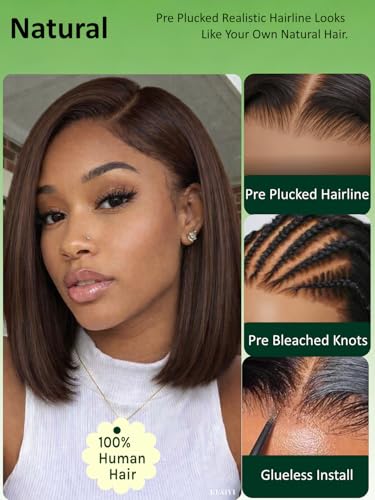 KLAIYI Bye Bye Slip™ Glueless Dark Chocolate Brown Side Part Yaki Straight Bob Wig Human Hair Ombre Precut 7x5Lace Front Wig Drawstring Blunt Cut Pre Plucked Bleached Knots Ready to Wear Go Wig 14Inch - Image 4