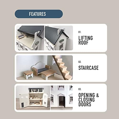 Wooden Dollhouse With 11 piece Furniture Set Included, 55 x 26 x 65cm, Dolls house With Opening Front Panel, Assemble in 5 Mins With No Tools : White/Grey