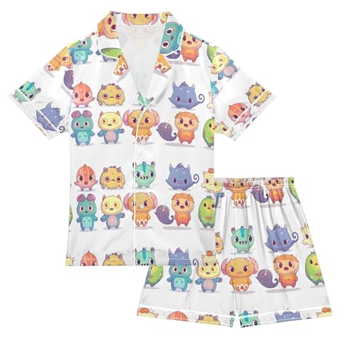 ALAZA Monster Pajamas Satin Pajama Set Short Sleeve Button Down Sleepwear
