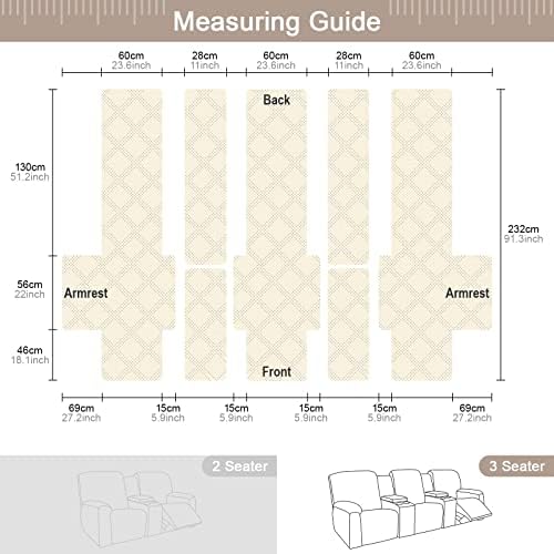 TAOCOCO 100% Waterproof Recliner Couch Covers with Console, Sofa Covers for Reclining Sofa 3 Seat with Straps Design, Split Recliner Sofa Cover Furniture Pets Kids Protector (3 Seater, Cream)