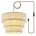 XININSUN 3-Tier Drum Linen Plug in Pendant Light with15ft Hemp Rope Cord E26 Dimmer Switch Hanging Lights Fixture Plug in Chandelier for Kitchen Island Dining Room Entryway Hallway-1Pack
