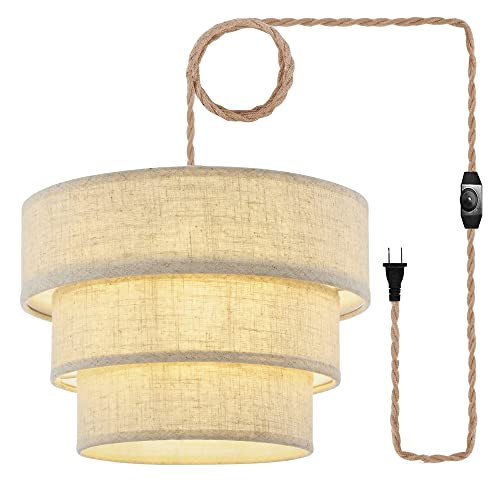 XININSUN 3-Tier Drum Linen Plug in Pendant Light with15ft Hemp Rope Cord E26 Dimmer Switch Hanging Lights Fixture Plug in Chandelier for Kitchen Island Dining Room Entryway Hallway-1Pack