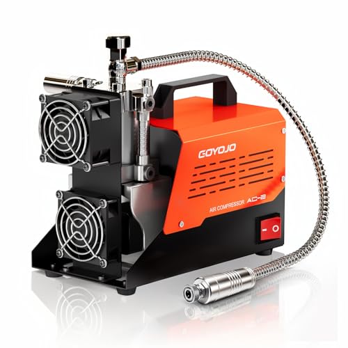 GOYOJO AC-2 PCP Air Compressor, 4500Psi/30Mpa Portable Oil-Free Pump for PCP Airguns & HPA Paintball Tanks, Dual Power 12V DC & 110V/220V AC with Converter, Safety Pressure Relief Valve