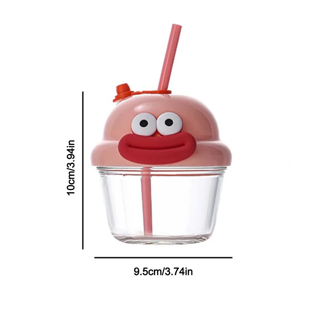 Avastro 210ml Dundun Cup Cartoon Glass Cup with Lid and Straw Bubble Tea Cup Juice Glass Milk Mocha Cups Breakfast Mug Drinkware Pack of 2 1