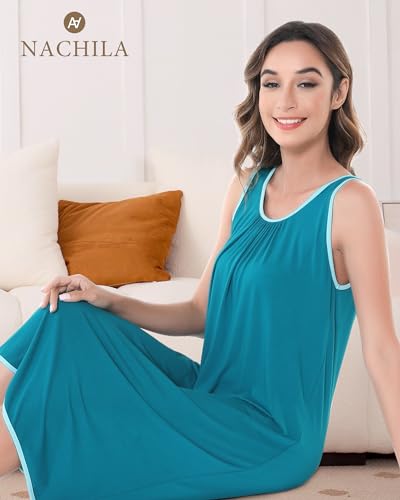 Image of NACHILA Women's Nightgowns-Viscose Made from Bamboo,Sleeveless Tank Night Gown Crew Neck Sleep Dress Cool Sleepshirts