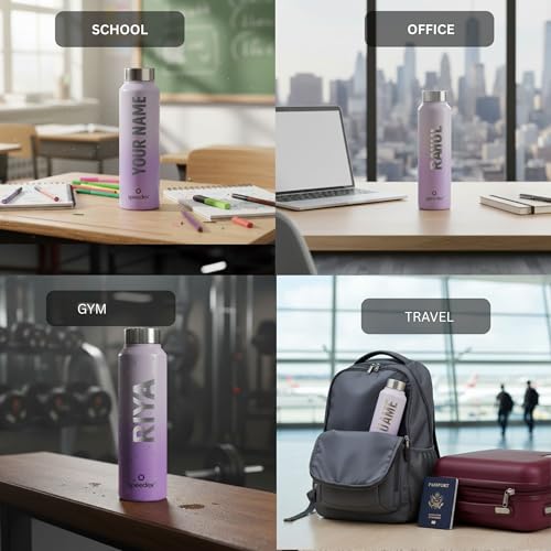 Image of Speedex Customised Engraved Name Stainless Steel Water Bottle 1 Ltr - Personalised Screw Cap Bottle for Kids, Men & Women, School, Office, Gym, Dual Purple, Set of 1