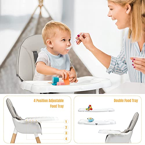 Baby Joy 5 In 1 High Chair, Convertible High Chairs For Babies And Toddlers/Booster Seat/Table And Chair Set, Infant Wooden Highchair W/ 5-Point Harness, 4-Position Removable Tray & Pu Cushion, Gray #TOP3