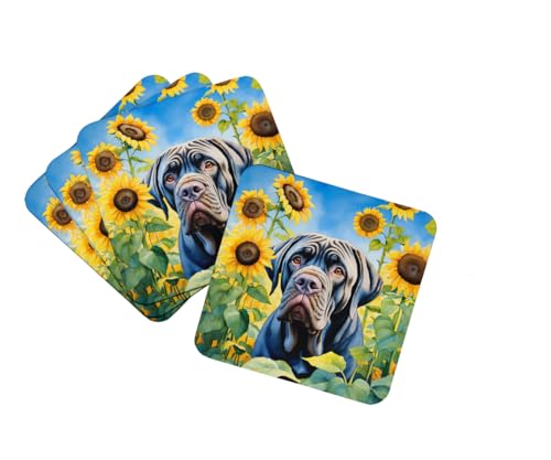 Caroline's Treasures Neapolitan Mastiff in Sunflowers Foam Coasters Set of 4 Cup Coasters for Indoor Outdoor, Tabletop Protection, Anti Slip, Mouse pad Material