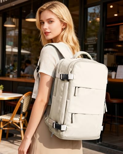 Image of coofay Beige Travel Backpack For Women Men Airline Approved Personal Item Carry On Flight Approved Waterproof Backpack For Traveling On Airplane Weekender Travel Bag