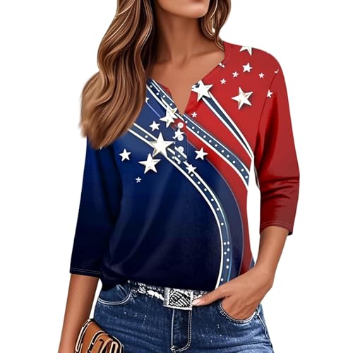 Image of 4th of July Shirts Women 3 /4 Length Sleeve Womens Tops Henley Neck Casual Patriotic T Shirts