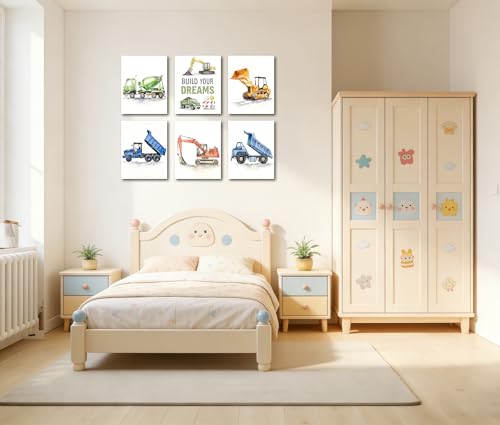 Image of Frimeeme Construction Vehicle Canvas Decor, Set of 6, 8x10 Inch | Boys Truck Wall Art, Watercolor Playroom Pictures, Unframed