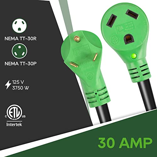 Rvguard 30 Amp 50 Foot Rv Extension Cord, Heavy Duty 10/3 Gauge Stw Cord With Led Power Indicator And Cord Organizer, Tt-30P/R Standard Plug, Green, Etl Listed #TOP2
