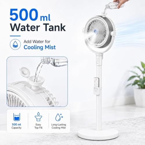 Image of One94Store Humidification Floor Fan, Portable USB & Battery Operated Rechargeable Mist Fan with Smart Remote Control, 4000mAh Battery, 4 Speed Modes, 150 Swing, Up to 2H Runtime White