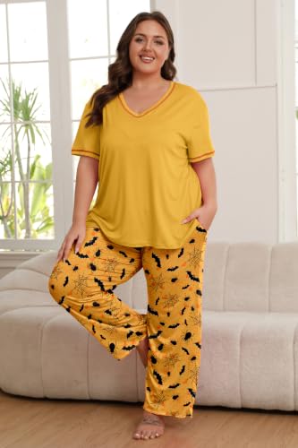Image of Vozanet Women's Plus Size Pajama Sets Short Sleeve Long Pants Solid Color with Piping Trim Elegant Loungewear Cozy Sleepwear